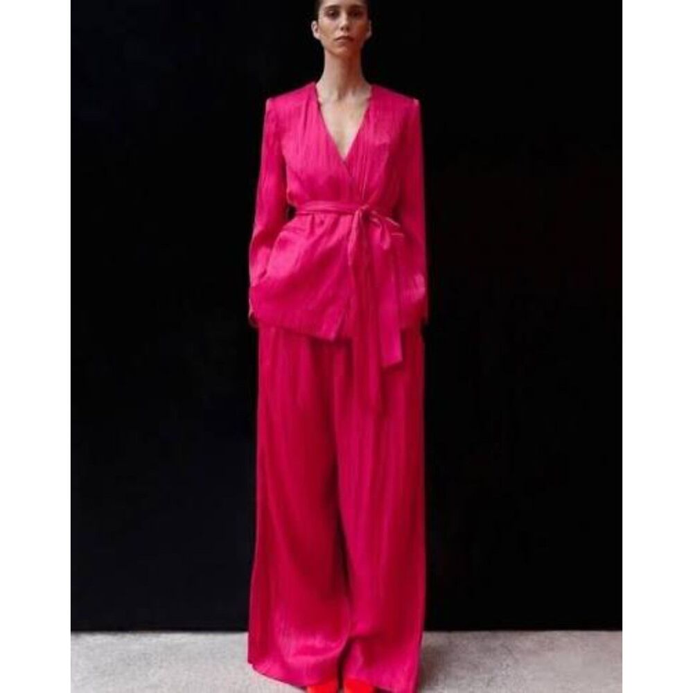 Zara Pink Crinkle Metallic Wide Leg Pants Medium Hot Pink NEW High Rise